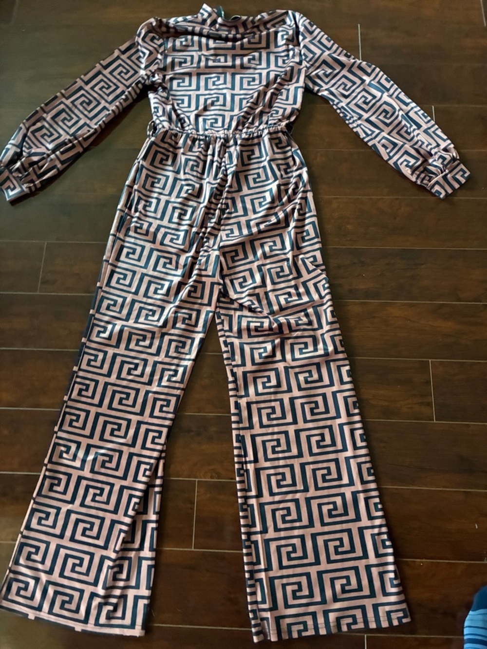 Geometric Print Long-Sleeve Jumpsuit inBlack and Copper